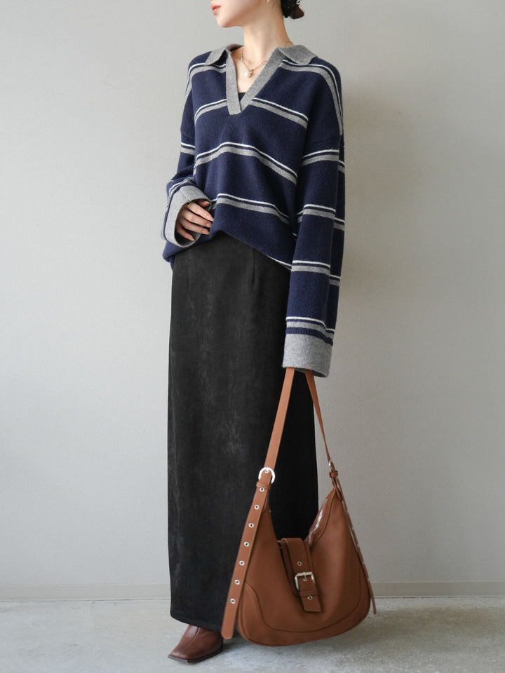 [SET]ポロ襟スキッパーボーダーニットプルオーバー+スウェードIラインスカート(2set)