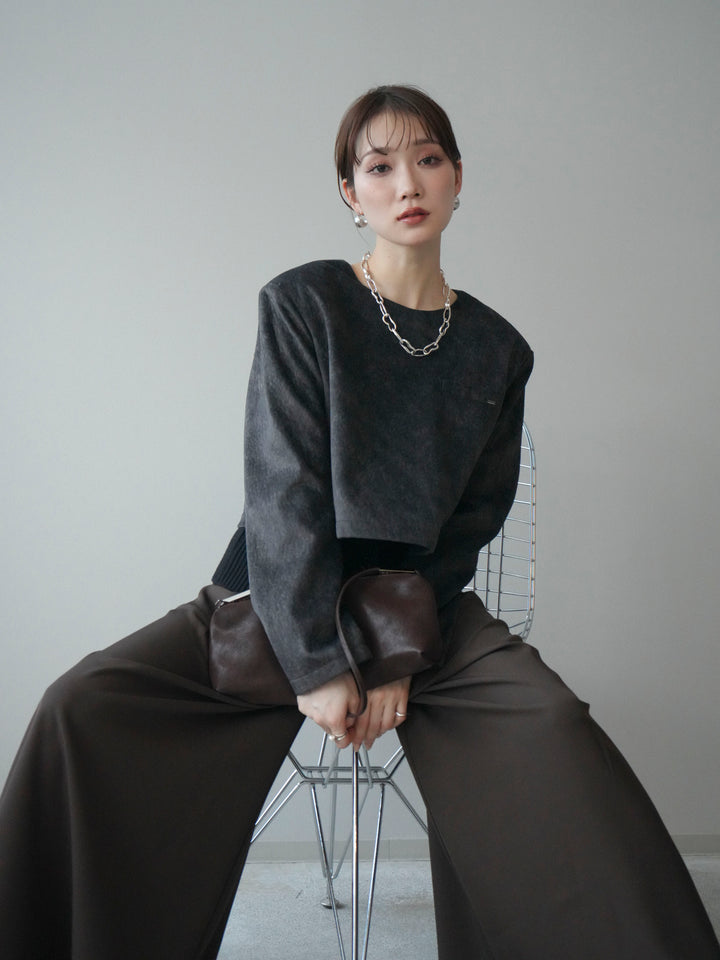 [予約]リブニットレイヤードスエードプルオーバー/charcoal