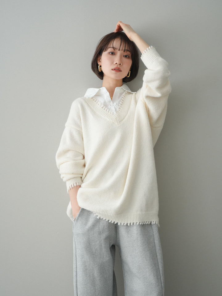 [SET]シャツドッキングVネックフリンジニットプルオーバー+選べるアクセセット(2set)