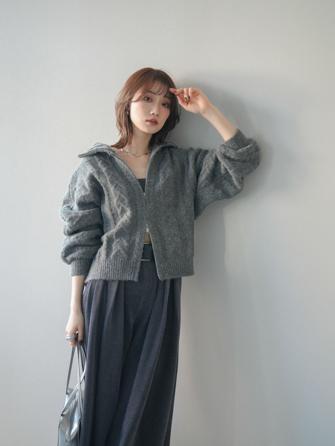 [SET]ケーブル編みハイネックZIPニットカーディガン+ケーブル編みハイネックZIPニットカーディガン(2set)