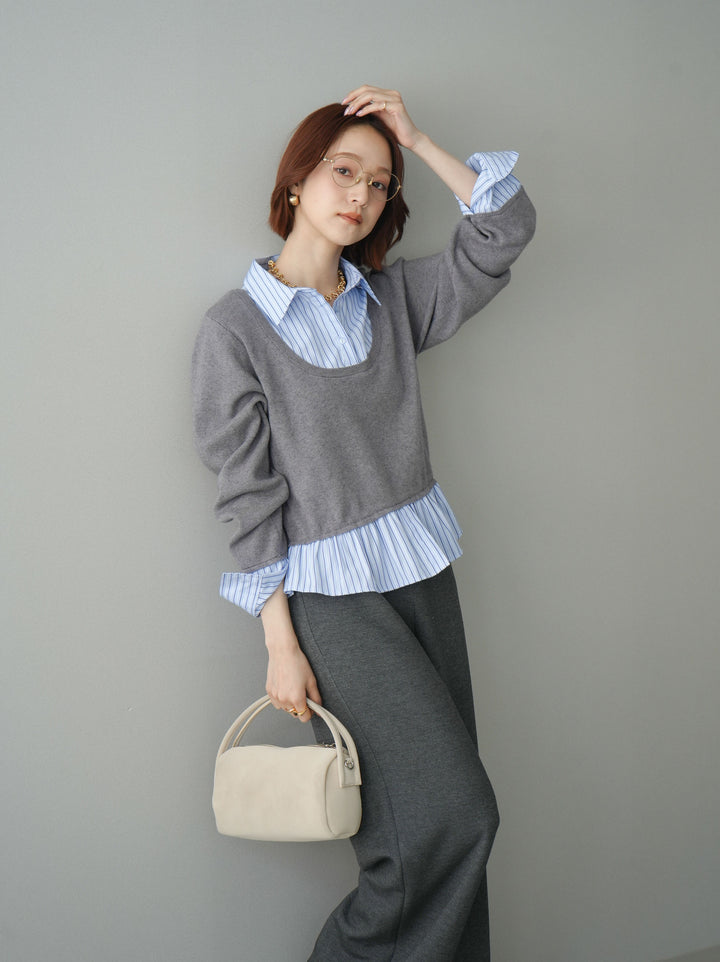 [SET]ストライプシャツUネックドッキングニットプルオーバー+イージーポンチワイドパンツ(2set)