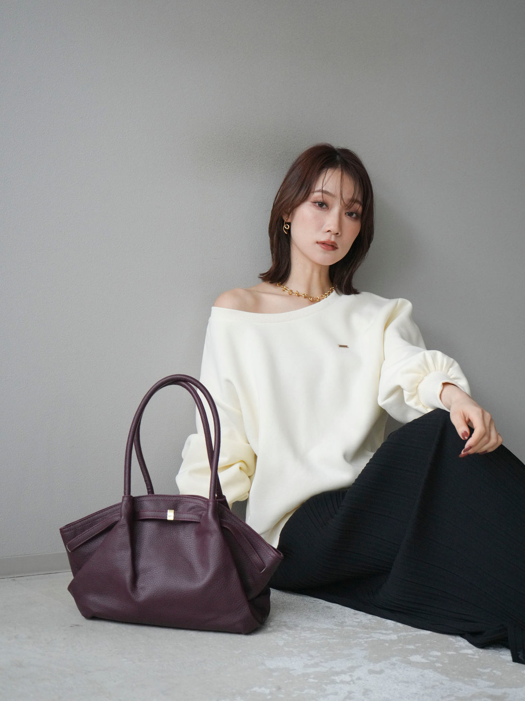 [予約]プレート付裏起毛ワンショルプルオーバー/ivory