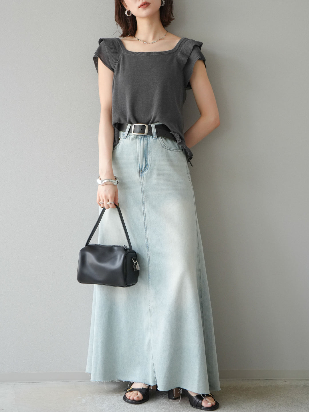 [予約]Aラインカットオフデニムスカート/ライトブルー