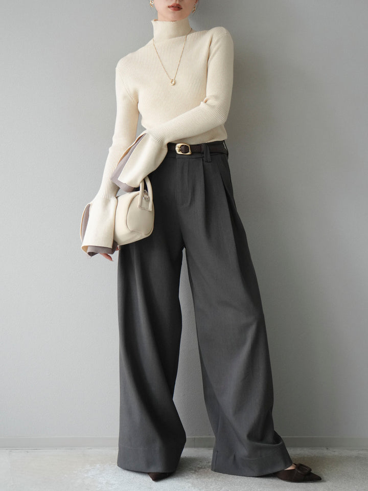 [SET] 疊層喇叭袖高領針織上衣 + 雙褶寬褲 (2 套)