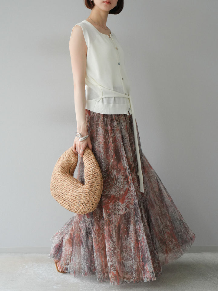 [予約]ニュアンス柄チュールレイヤードプリーツスカート/ブラウン
