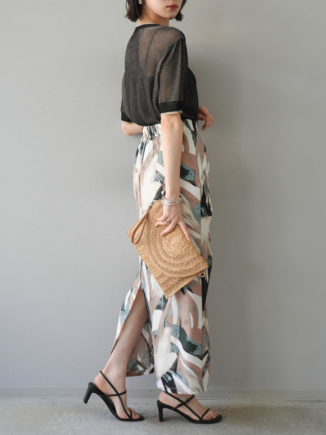 [SET]リネンタッチ配色二重臼ハーフニットトップス+選べるアソート柄スカートセット(2set)