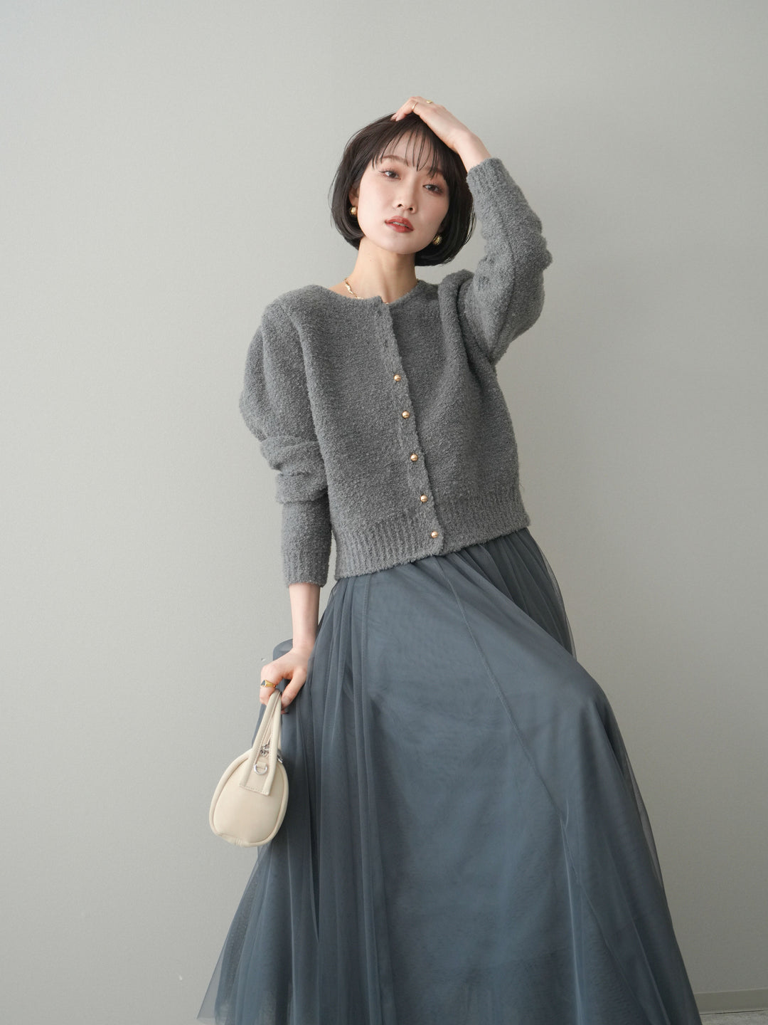 [SET]ゴールドボタンブークレニットカーディガン+チュールボリュームスカート(2set)