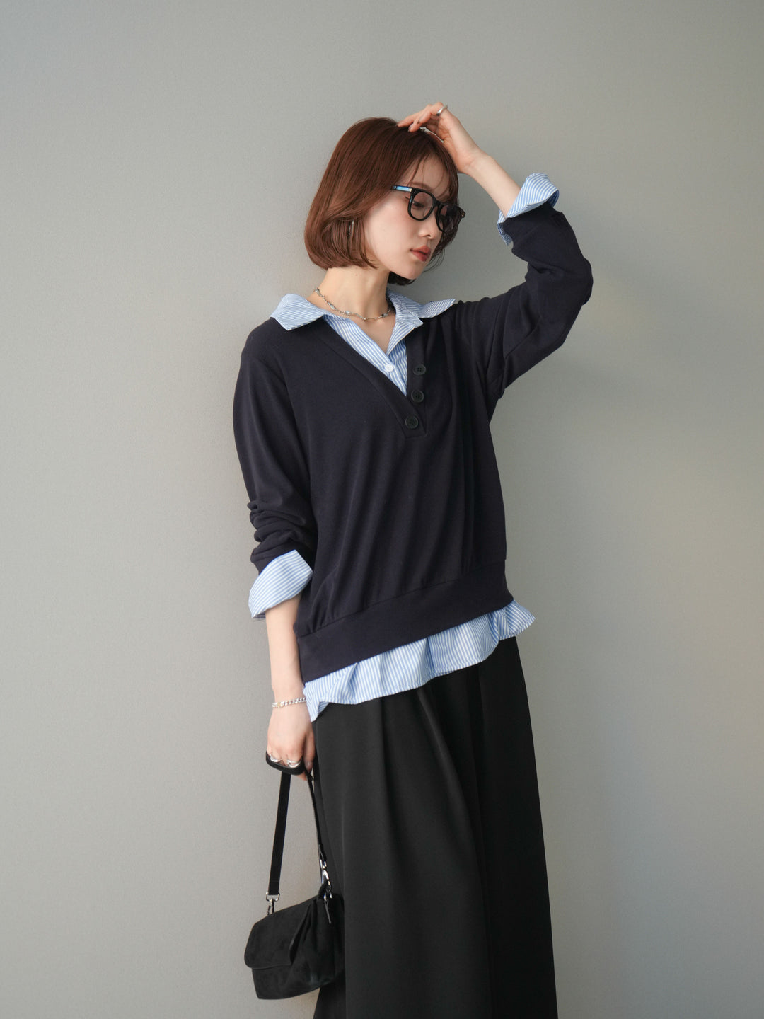 [予約]シャツレイヤードデザインカットプルオーバー/navy