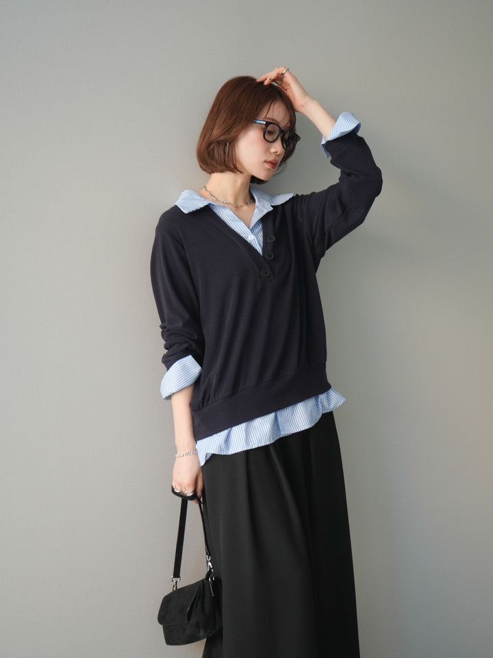 [予約]シャツレイヤードデザインカットプルオーバー/navy