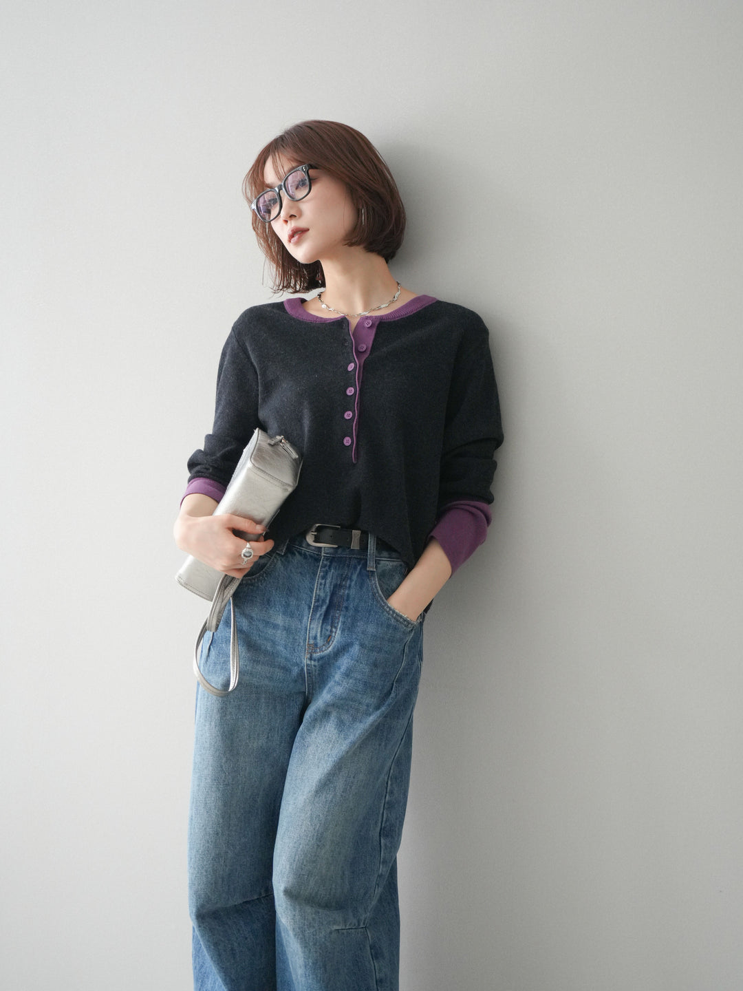 [SET]ヘンリーネック配色ニットソー+ヘンリーネック配色ニットソー(2set)