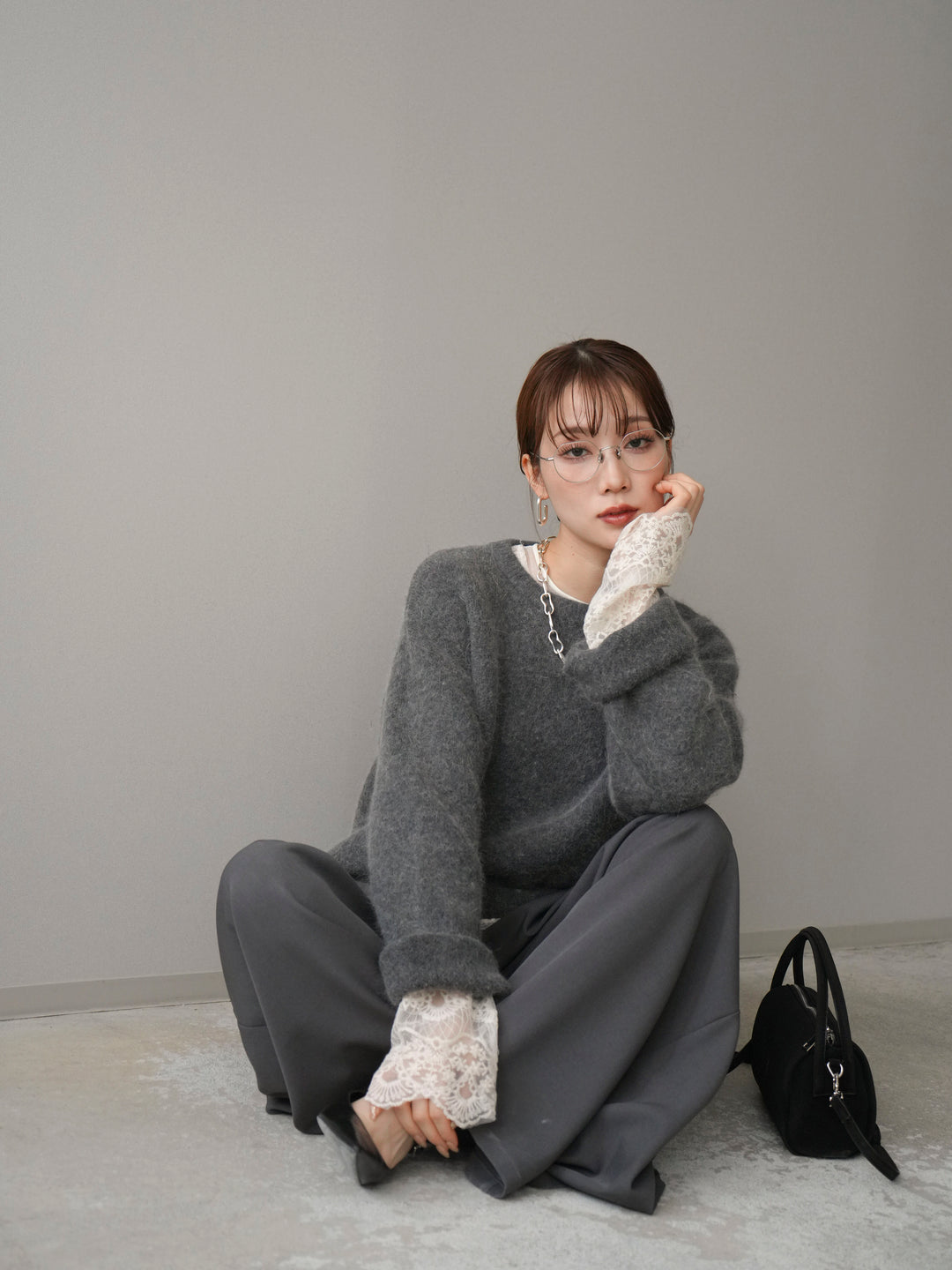 [SET]アンゴラタッチクルーネックニットプルオーバー+チュールレーストップス(2set)