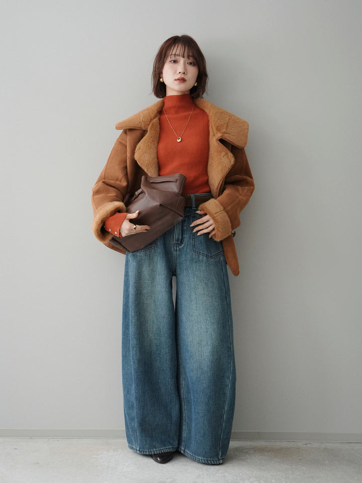 [SET]ムートンショートジャケット+ベルト付裏起毛カーブデニムパンツ(2set)