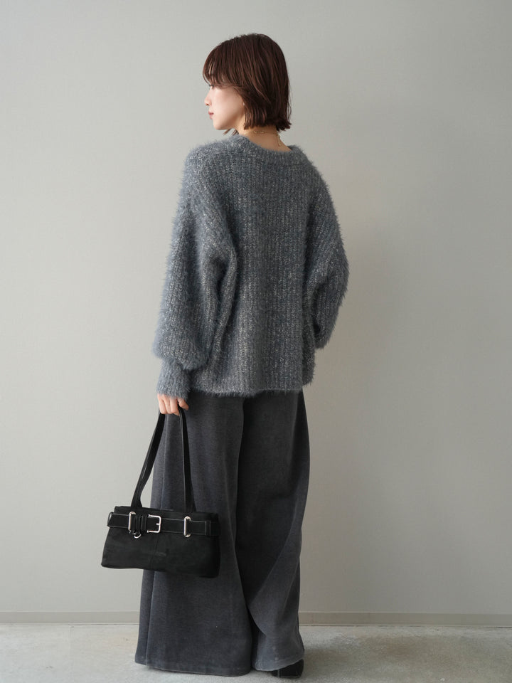 [SET]ボリュームスリーブシャギー MIXニットプルオーバー+ベルトデザインループコールテンワイドパンツ(ベルト付き)(2set)