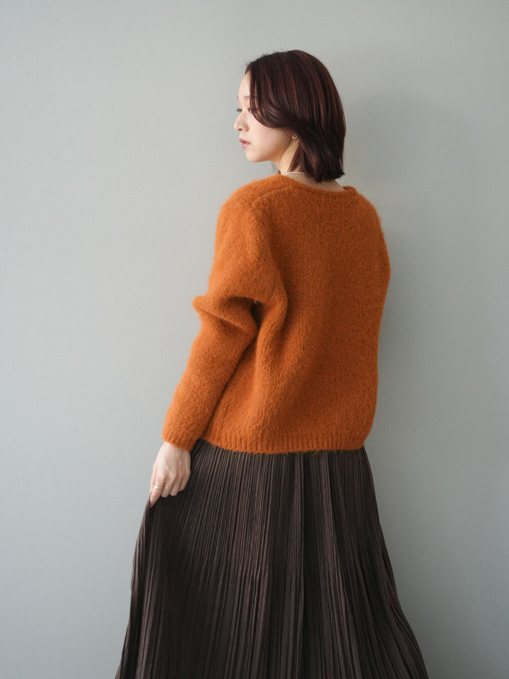 [予約]キーネックシャギーニットカーディガン/camel