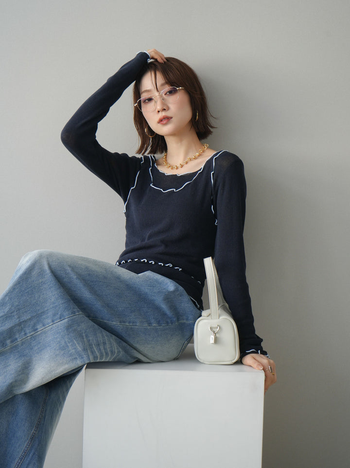 [予約]バイカラーメローアンサンブルシアーニットトップス/navy
