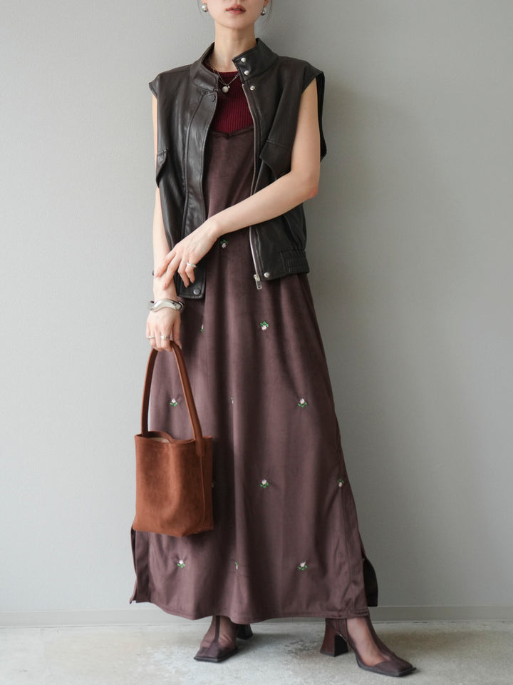 [予約]フラワー刺繍ベロアキャミワンピース/ブラウン
