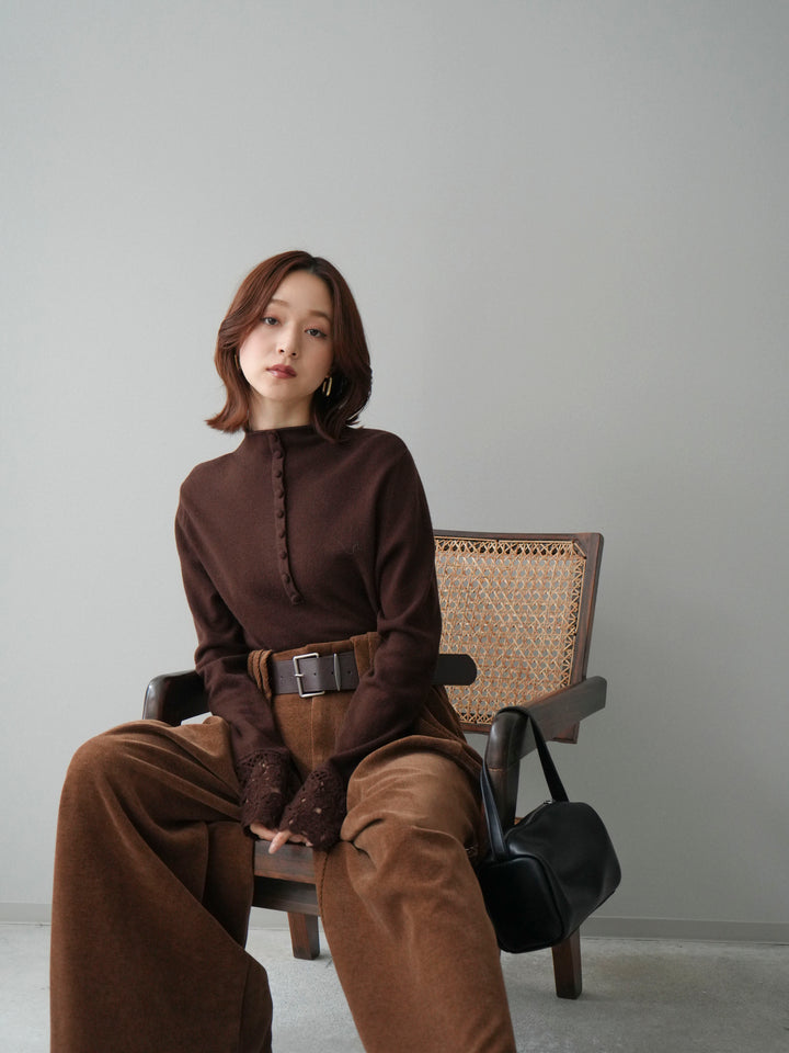 [SET]袖スカラップレースフロントボタンウールニットトップス+ベルトデザインループコールテンワイドパンツ(ベルト付き)(2set)