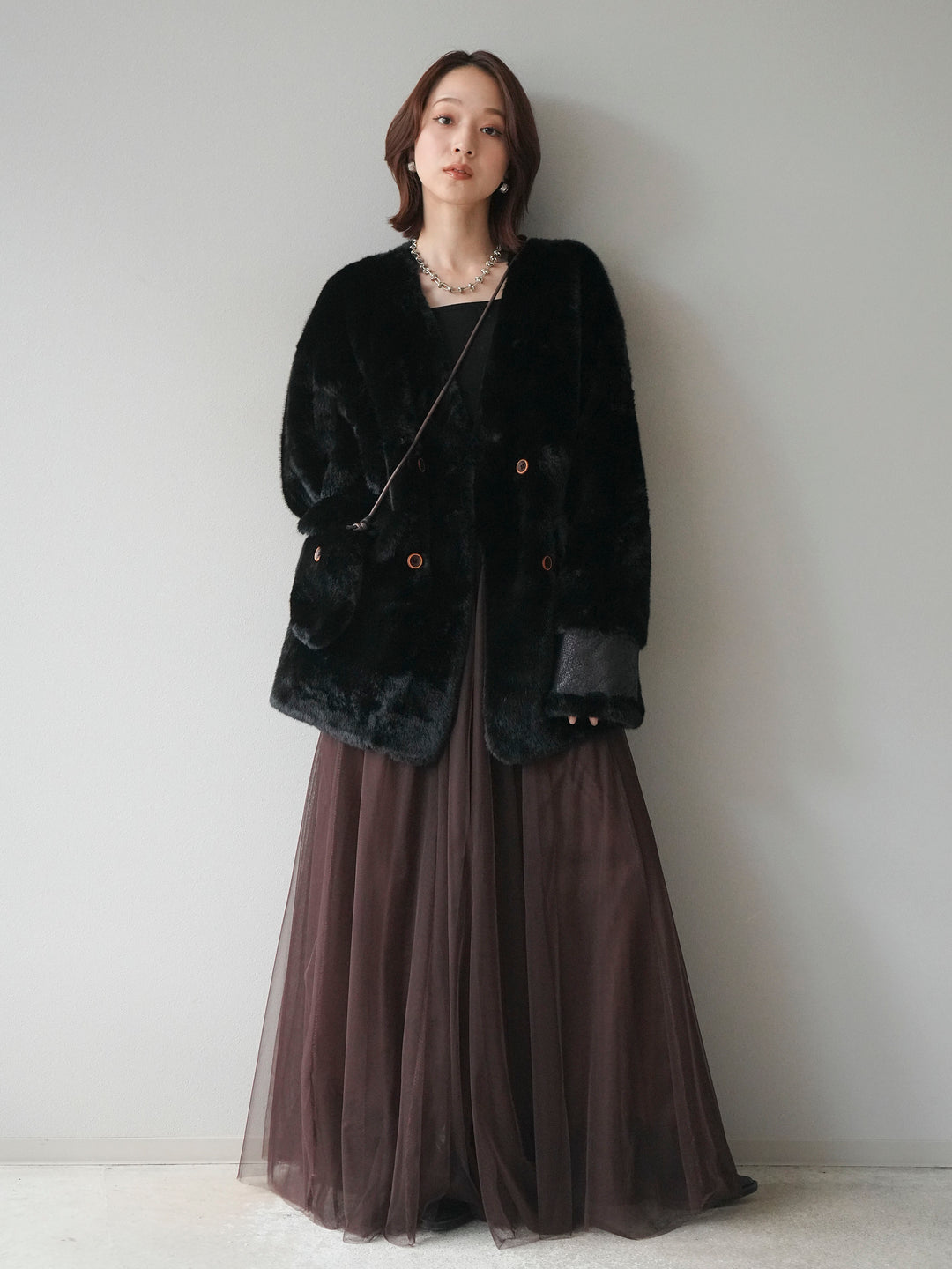 [SET]バッグ付エコファーノーカラーコート+チュールボリュームスカート(2set)