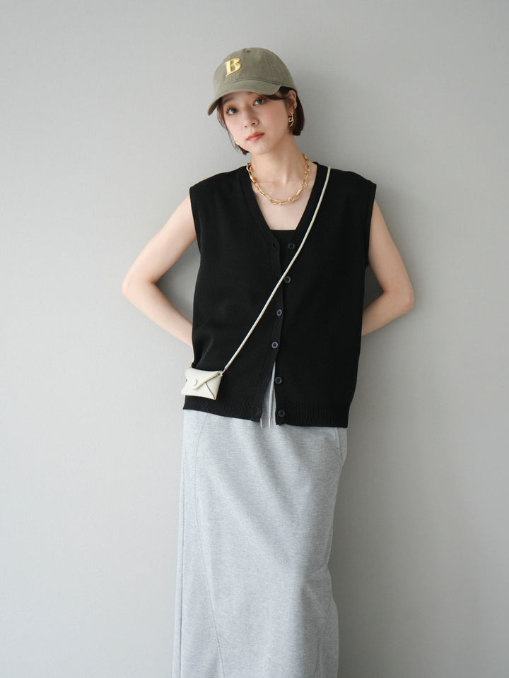 [SET]Vネックレーヨンニットベスト+スウェットロングスカート(2set)