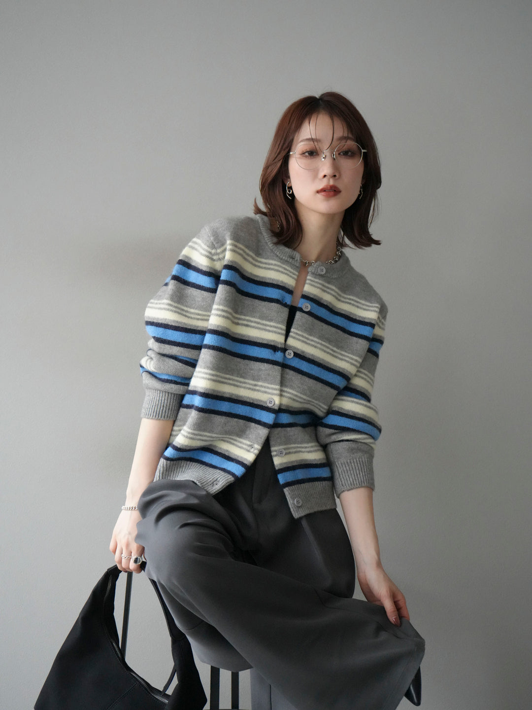 [SET]マルチボーダーニットカーディガン+選べるアクセセット(2set)