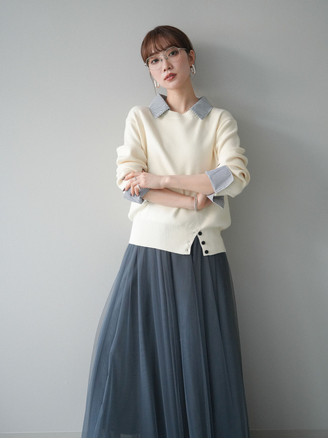 [SET]シャツドッキングデザイン裾ボタンニットプルオーバー+選べるアクセセット(2set)