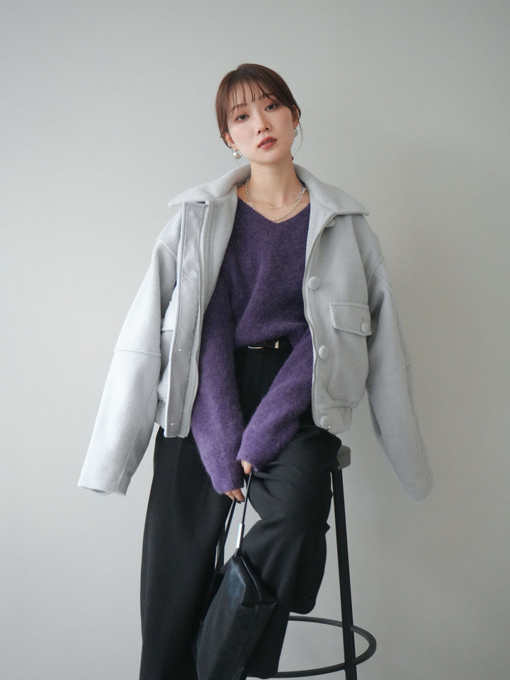 [SET]ウールライクフライトジャケット+シュシュ付きアンゴラタッチVネックニットプルオーバー+アニマル柄ベルト付きウールタッチワイドパンツ(3set)