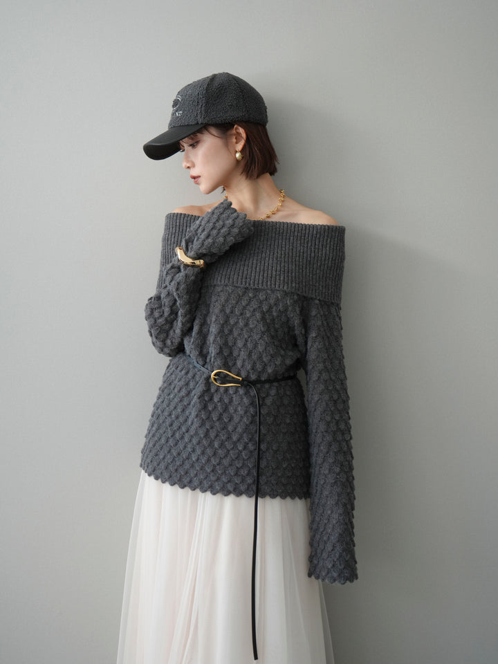 [SET]ポコポコ編みオフショルニットプルオーバー+選べるアクセセット(2set)