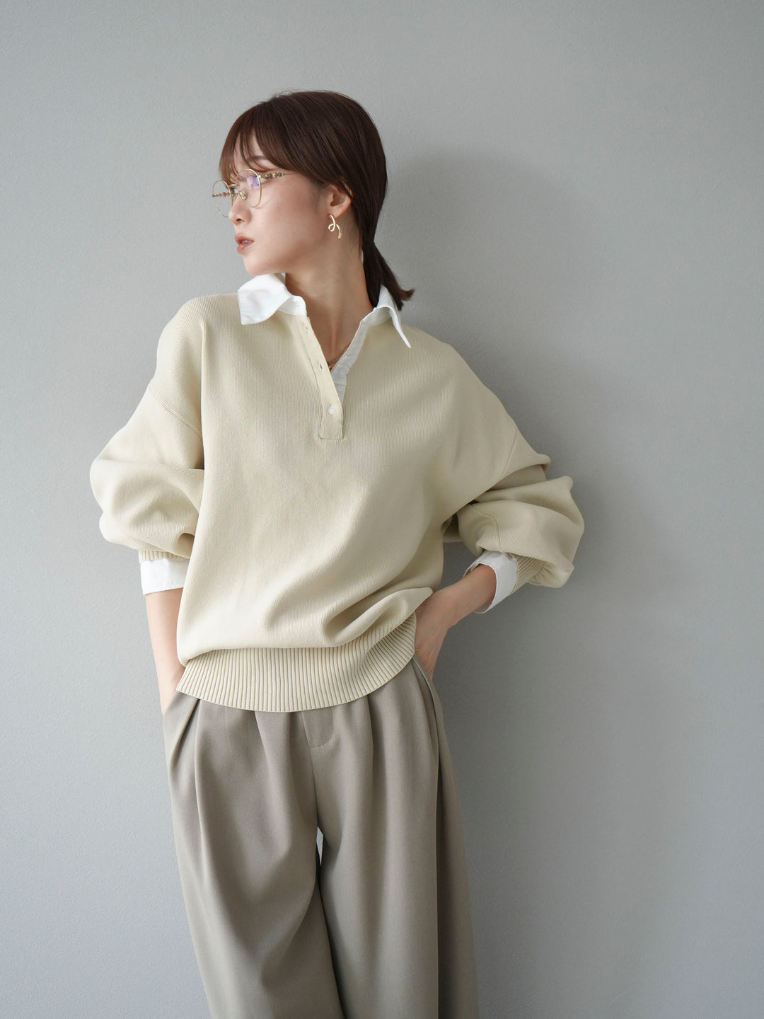 【SET】翻領polo針織套衫+雙褶闊腿褲（2件組）