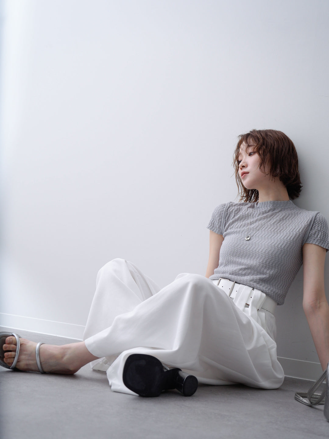 [予約]ウェーブハイネックフレンチニットトップス/gray