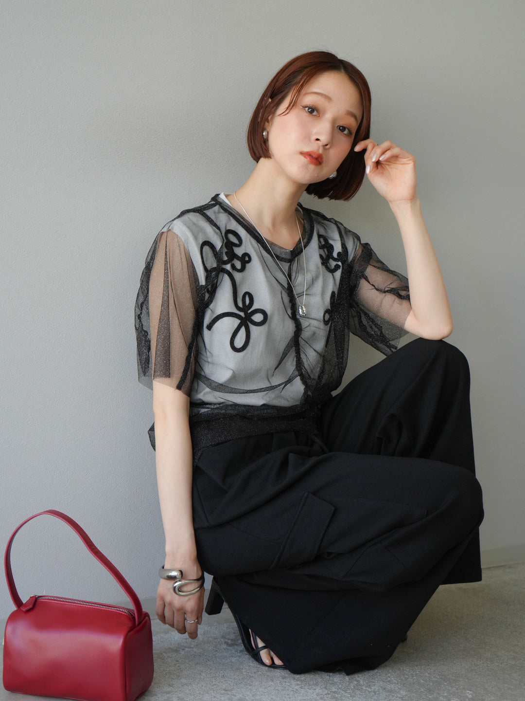 [SET]ラメチュールシャーリングプルオーバー+コード刺繍フレンチスリーブTシャツ+ウエストラインサイドポケットスウェットパンツ(3set)