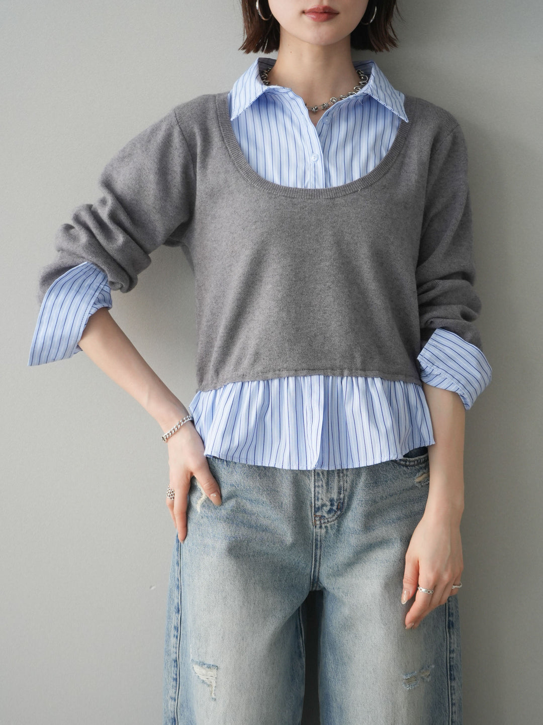 [予約]ストライプシャツUネックドッキングニットプルオーバー/graybluestripeA