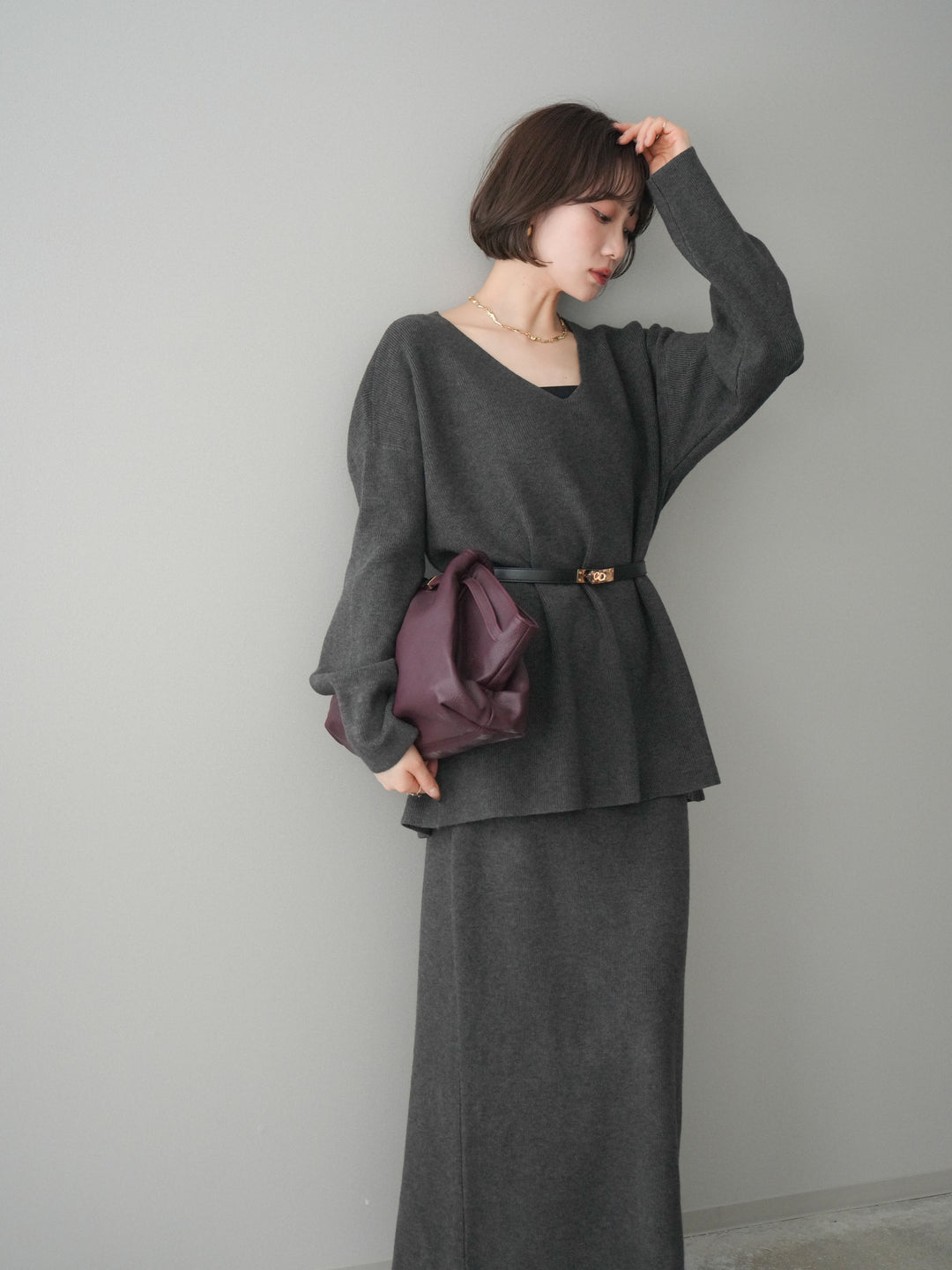 [SET]ベルト付Vネックニット＆スカートSET UP+選べるアクセセット(2set)