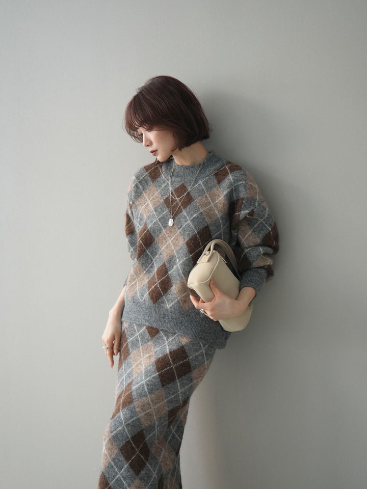 [SET]アーガイルニットプルオーバー&ロングスカートSET UP+選べるアクセセット(2set)
