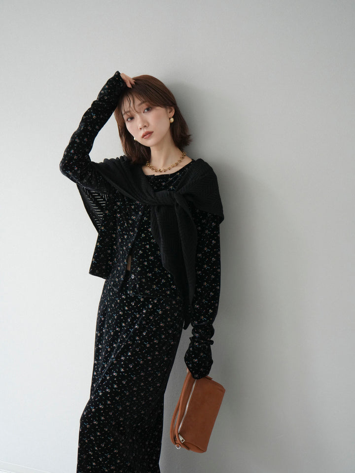 [SET]ベロアフラワープリントカーディガン+ベロアフラワープリントIラインスカート(2set)