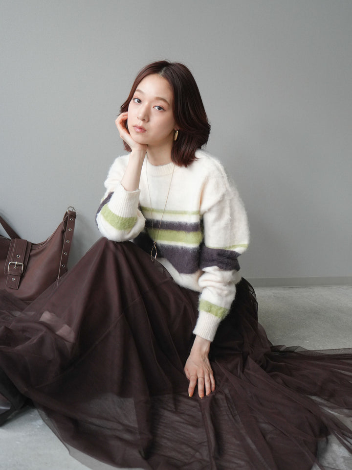 [SET]ソフトタッチボーダークロップドニットプルオーバー+チュールボリュームスカート(2set)