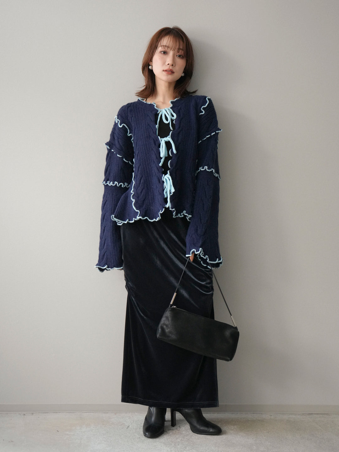 [予約]フロントリボン配色メローニットカーディガン/navy