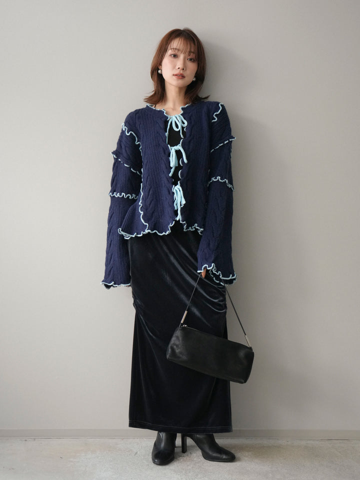 [予約]フロントリボン配色メローニットカーディガン/navy