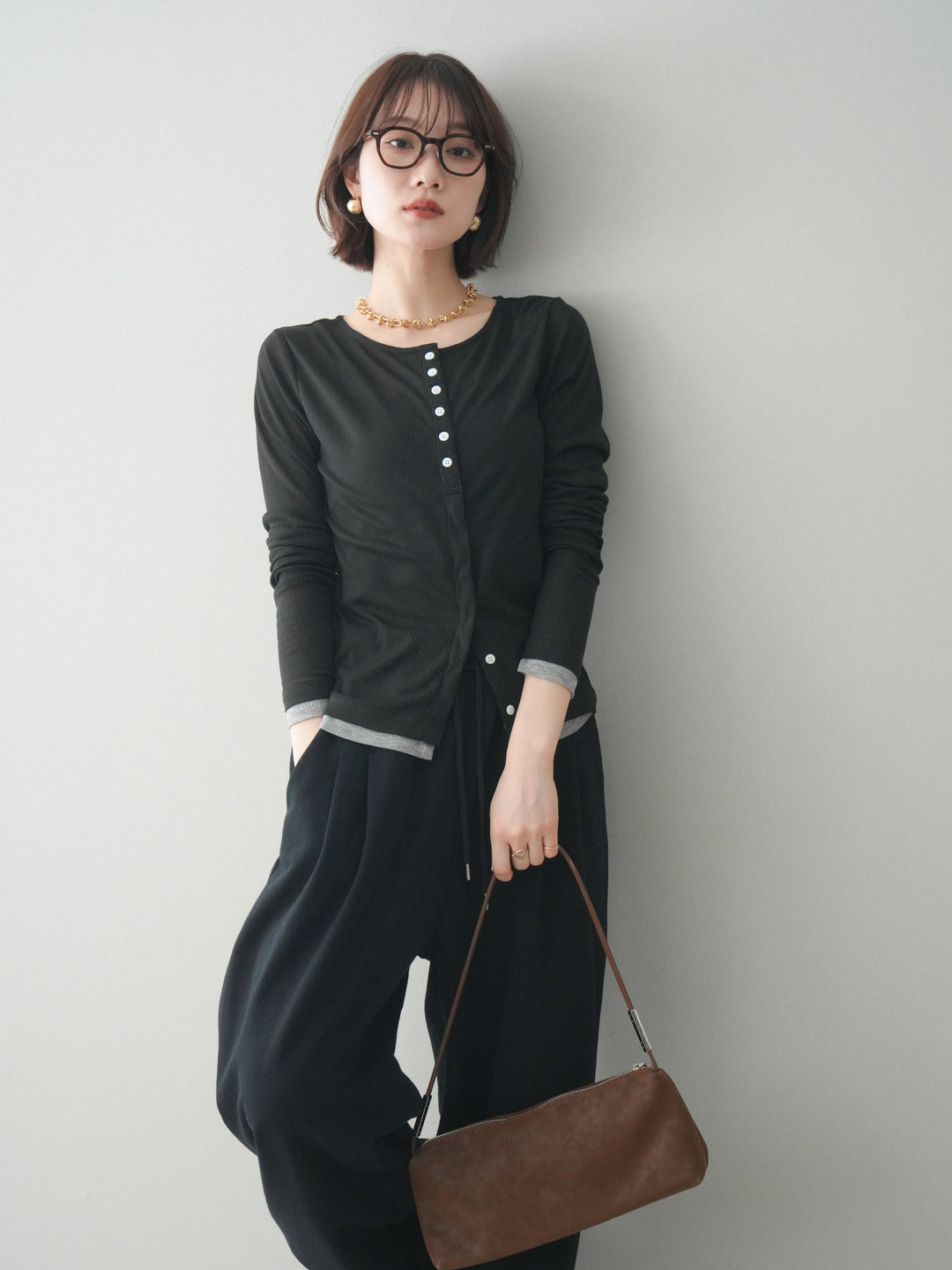 [予約]シアーリブバイカラーカーディガン/black