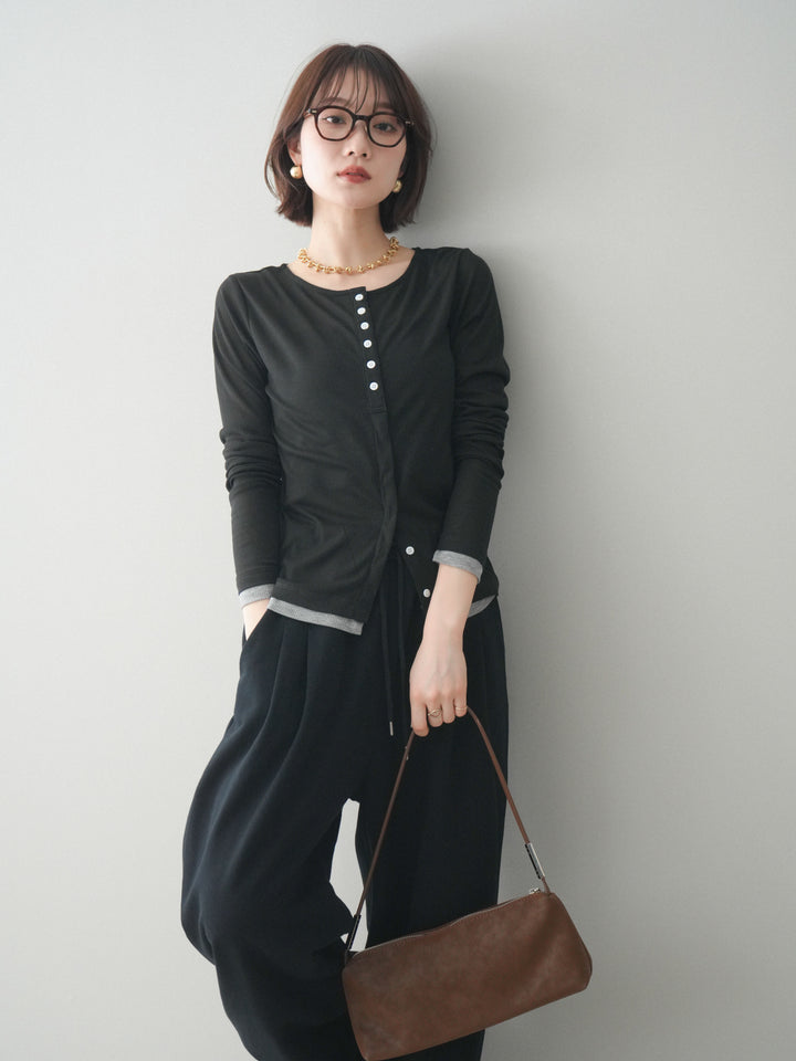 [予約]シアーリブバイカラーカーディガン/black