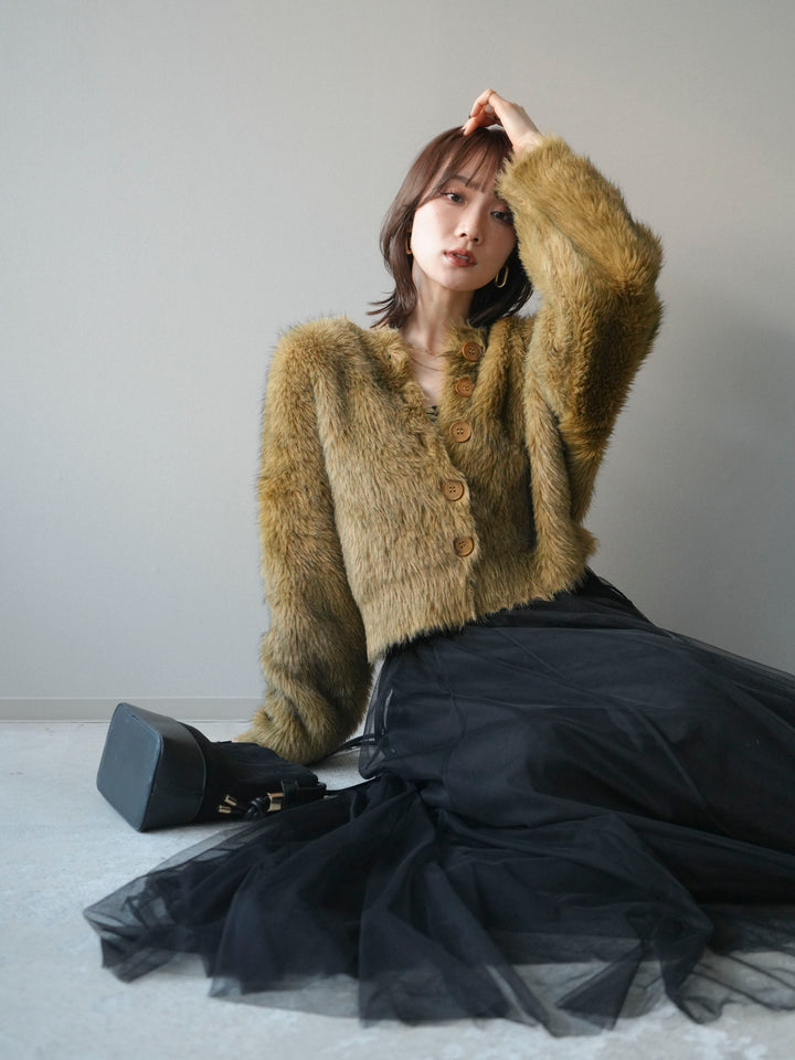 [予約]ミックスシャギーショートニットカーディガン/green