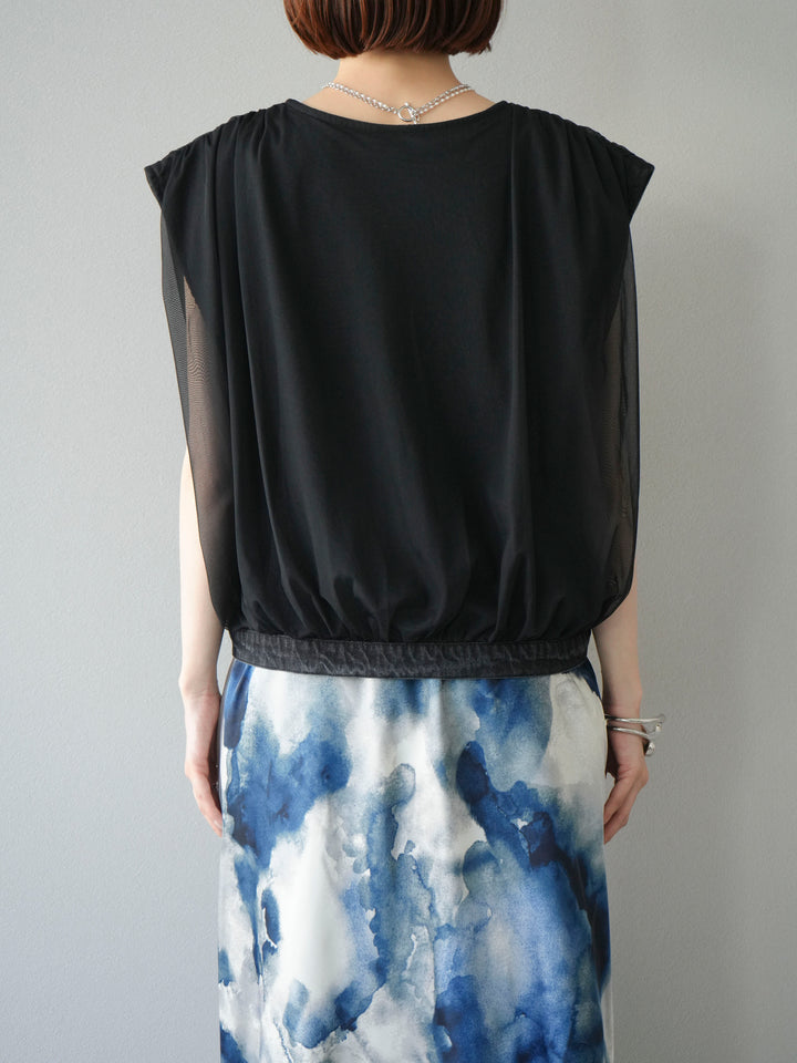 [予約]チュールドッキングデニムダブルZIPベスト/ブラック