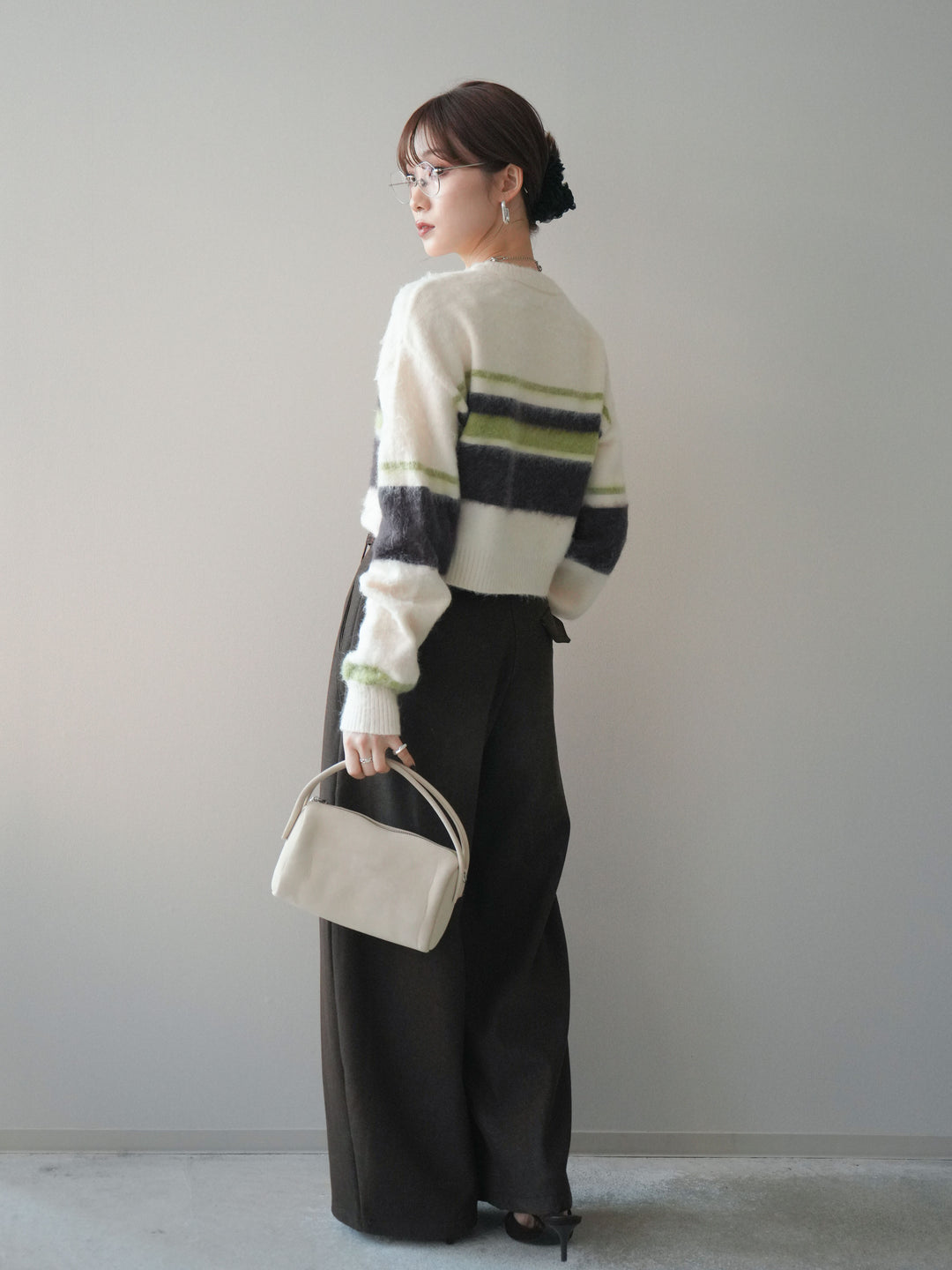 [SET]ソフトタッチボーダークロップドニットプルオーバー+アニマル柄ベルト付きウールタッチワイドパンツ(2set)