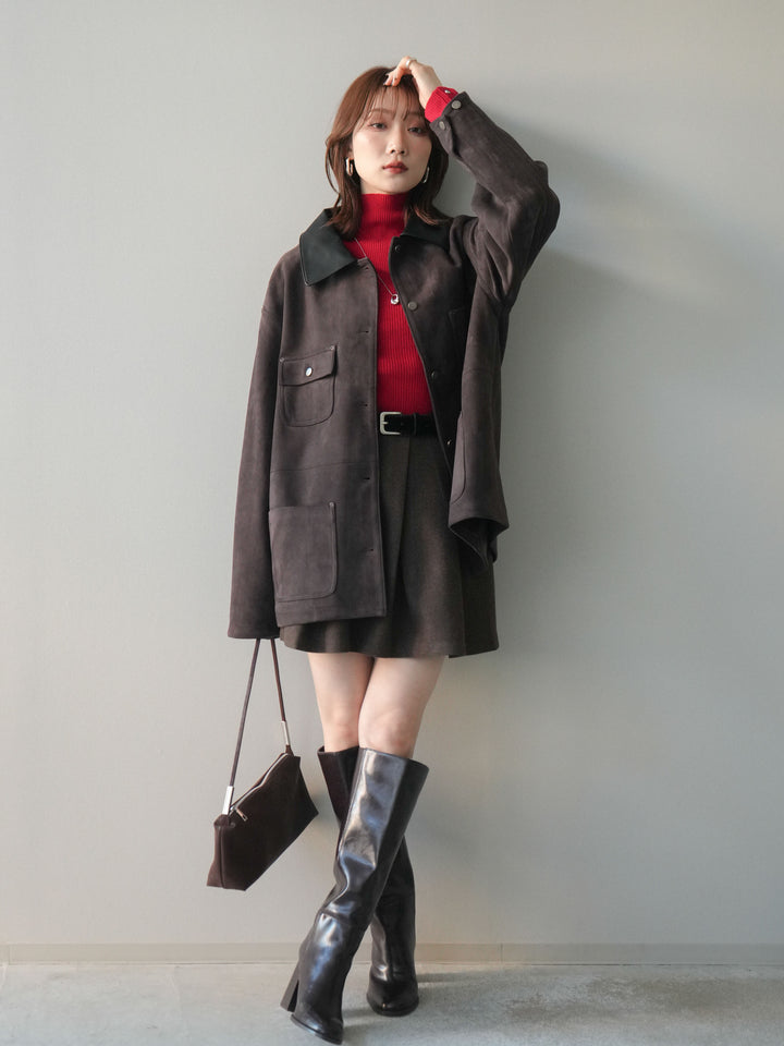 [SET]襟レザーステンカラースエードジャケット+袖ボタンボトルネックリブニットトップス+ベルト付きタックミニスカート(3set)