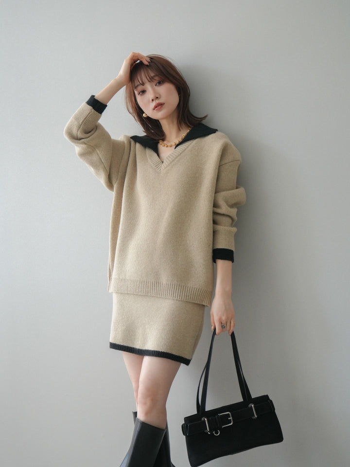 [SET]配色襟ニット＆ミニスカートSET UP(2set)
