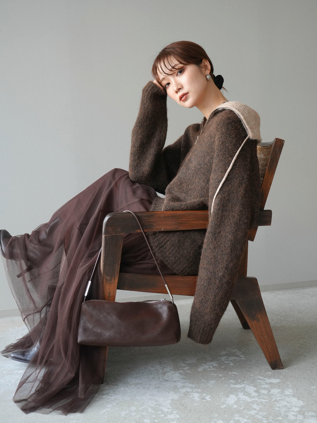 [予約]バイカラージップニットプルオーバー/brown