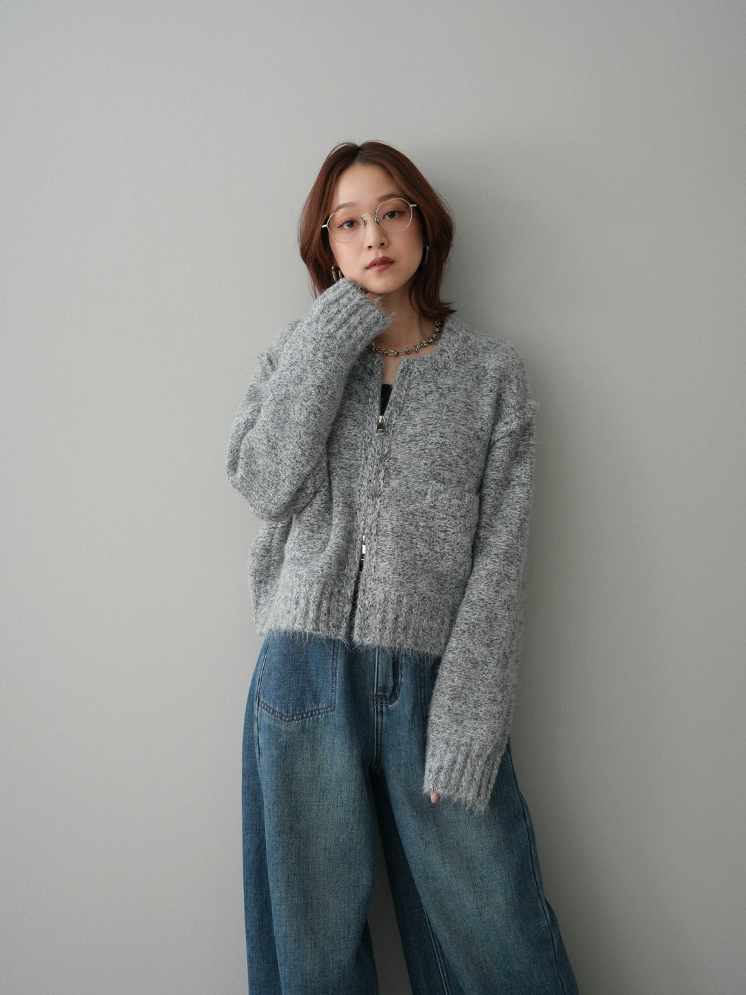 [SET]ミックスヤーンダブルZIPニットカーディガン+ベルト付裏起毛カーブデニムパンツ(2set)