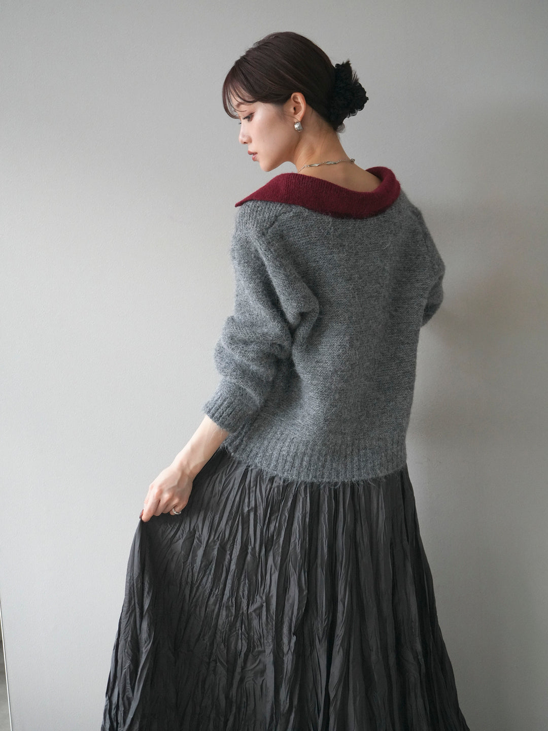 [予約]バイカラー襟付きニットプルオーバー/gray