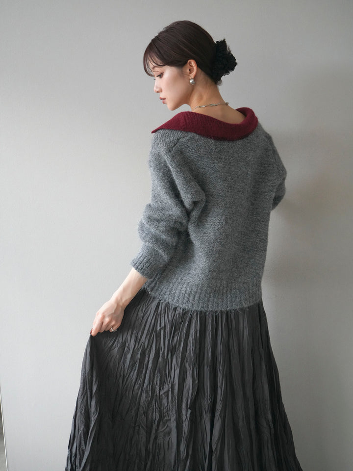 [予約]バイカラー襟付きニットプルオーバー/gray