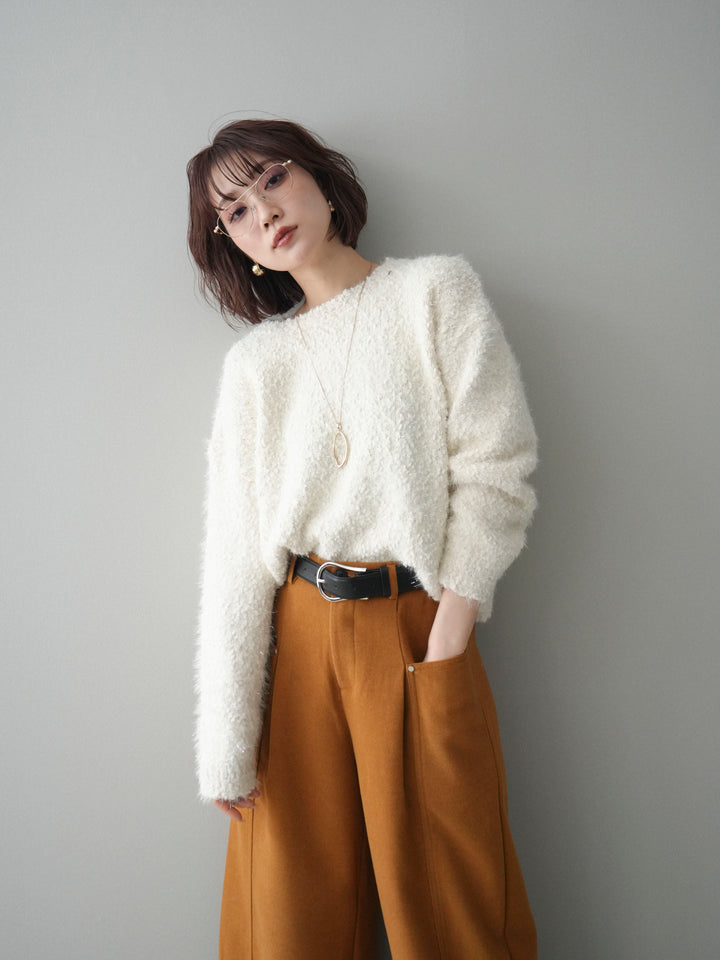 [SET]モールラメミックスヤーンニットプルオーバー+ベルト付起毛コクーンパンツ(2set)