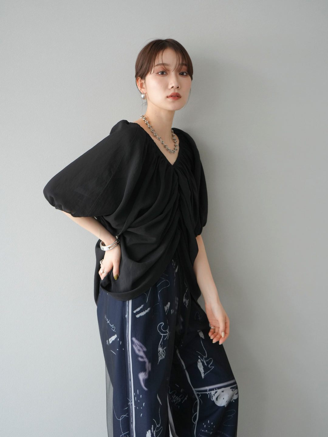 [SET]ボリュームスリーブシアータックブラウス+コード刺繍チュールレイヤードパンツ(2set)